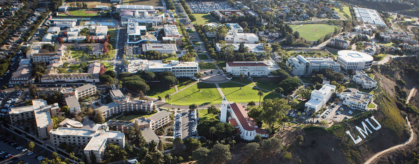 Aerial view of campus and the LMU letters on the bluff