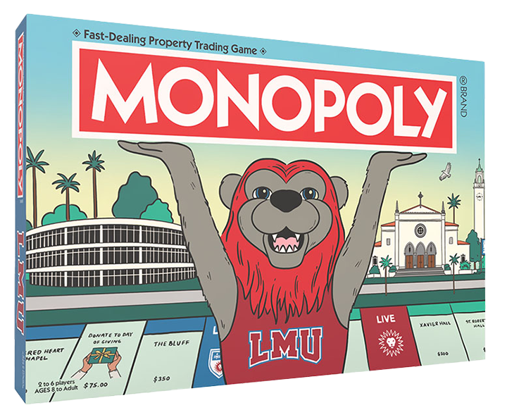 LMU branded Monopoly box with illustrations of Iggy, the William H Hannon Library, and Sacred Heart Chapel on the front